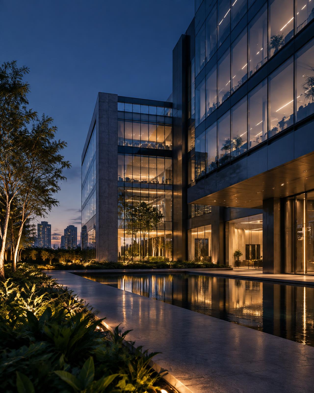 Arquitetura corporativa contemporânea em vidro ao entardecer